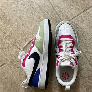 Nike Dunks Y7 or Womens 8 White and Pink Sneakers with Green and Blue Accents